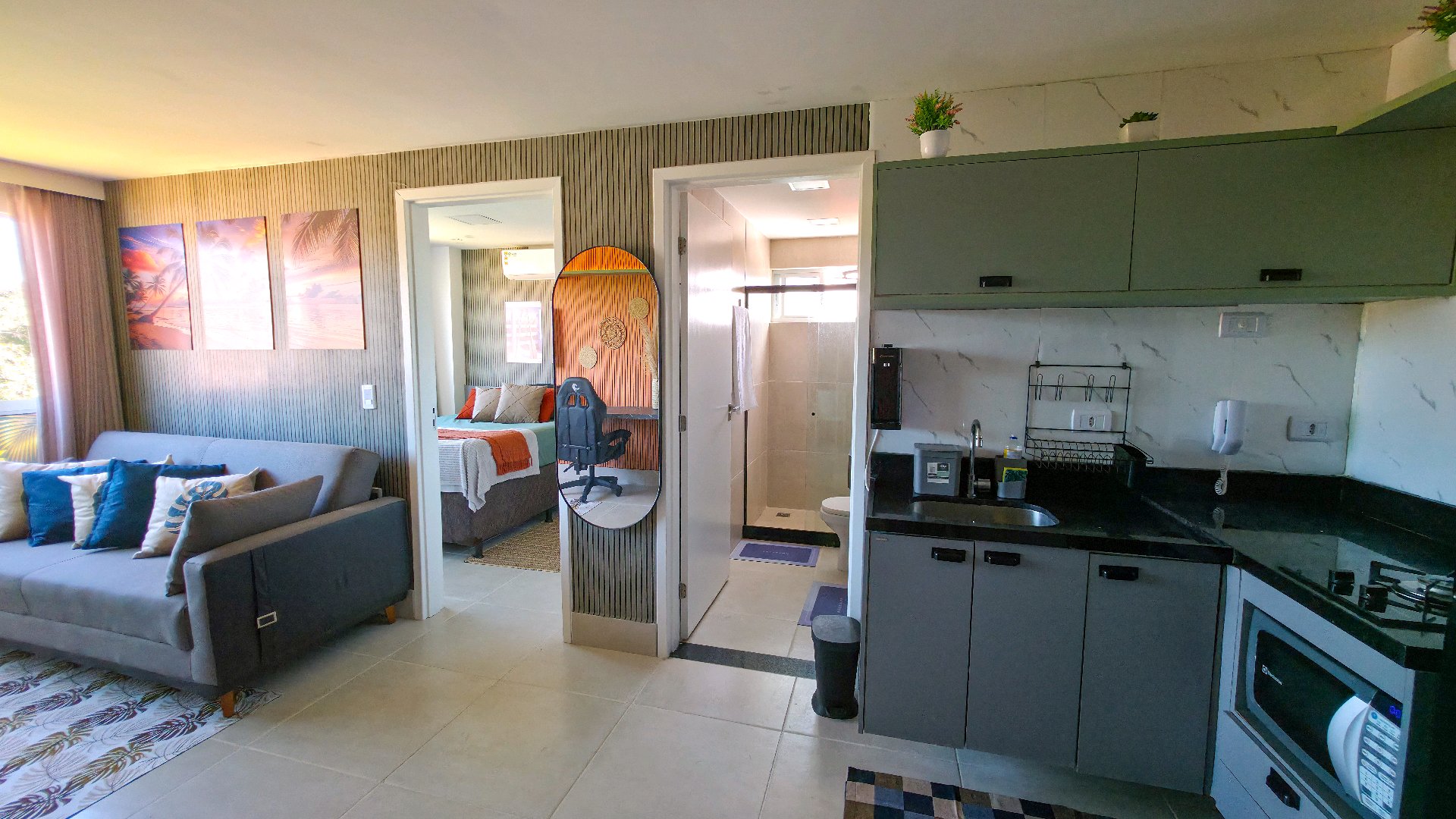 Ambientes integrados: living, quarto e banheiro